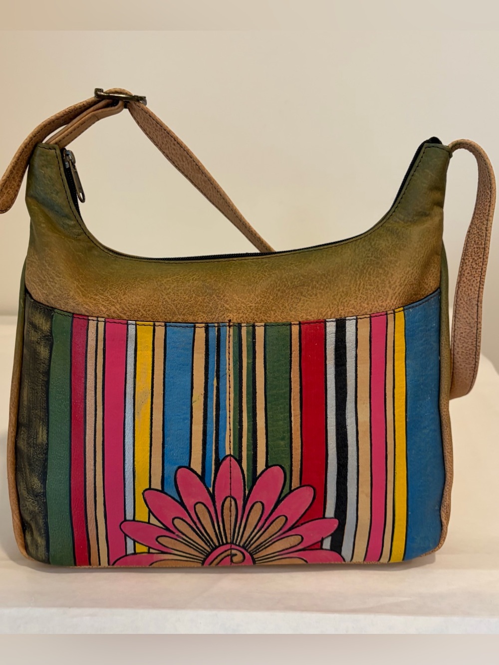 Anuschka rainbow striped floral Handpainted Leather Shoulder Bag Purse
